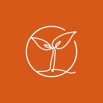 Minimalist line art of a sprouting plant inside a circle, symbolizing growth and mental health, on an orange background.