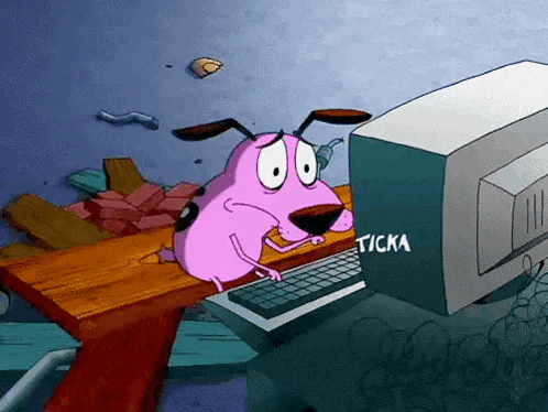 Cartoon character sitting at a computer doing research