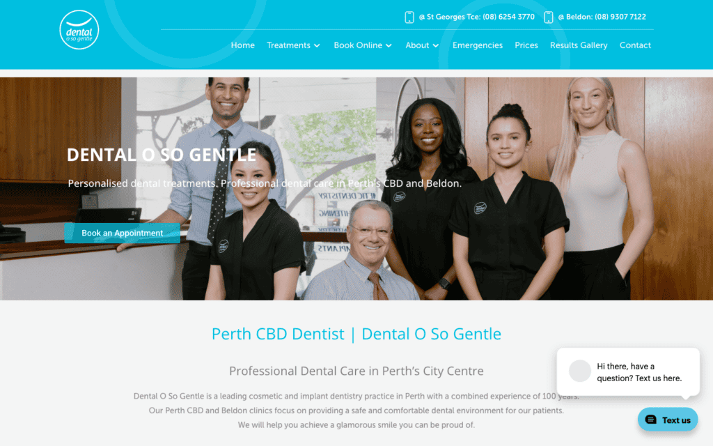 Group photo of diverse dental professionals and staff at Perth CBD dental clinic, showcasing friendly team members ready to provide personalized dental treatments.