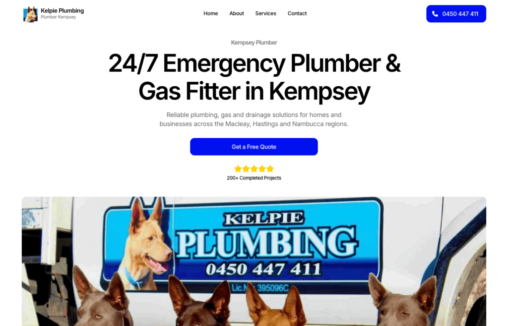 Kelpie Plumbing website homepage on desktop
