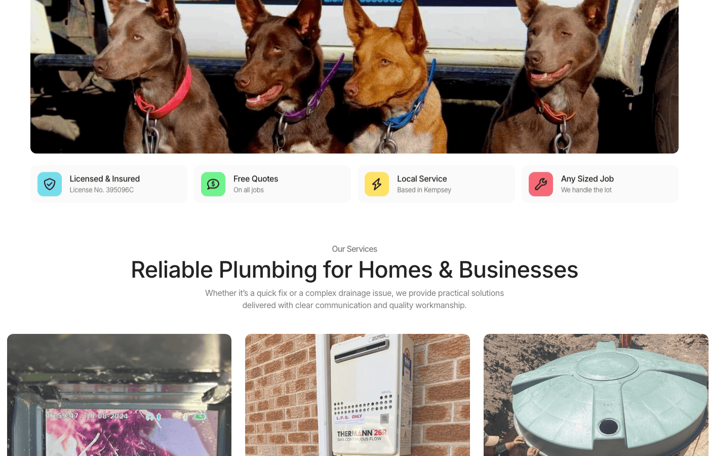 Kelpie Plumbing services section showing plumbing offerings