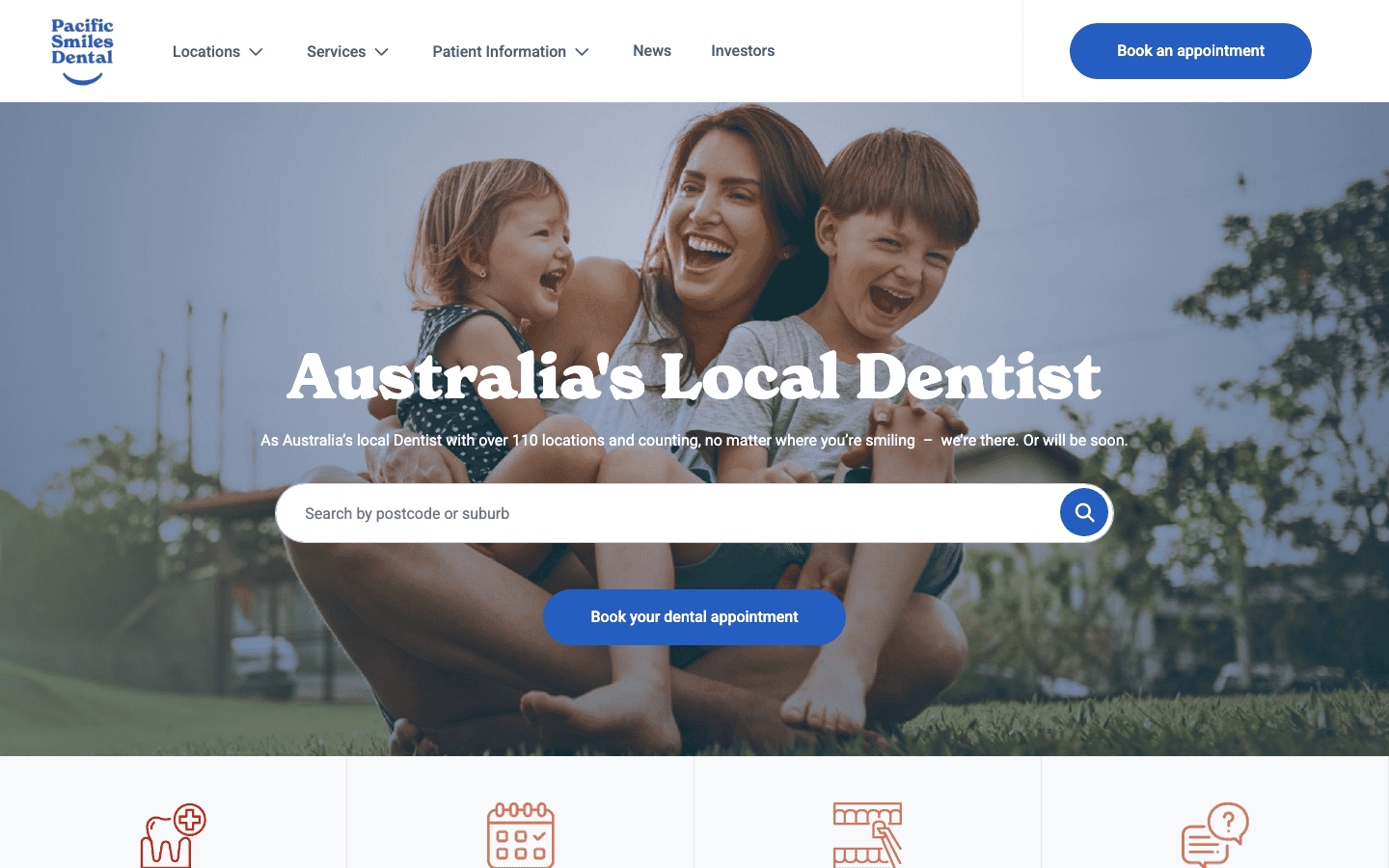 Friendly family dentist with children smiling outdoors, promoting dental care services in Australia.