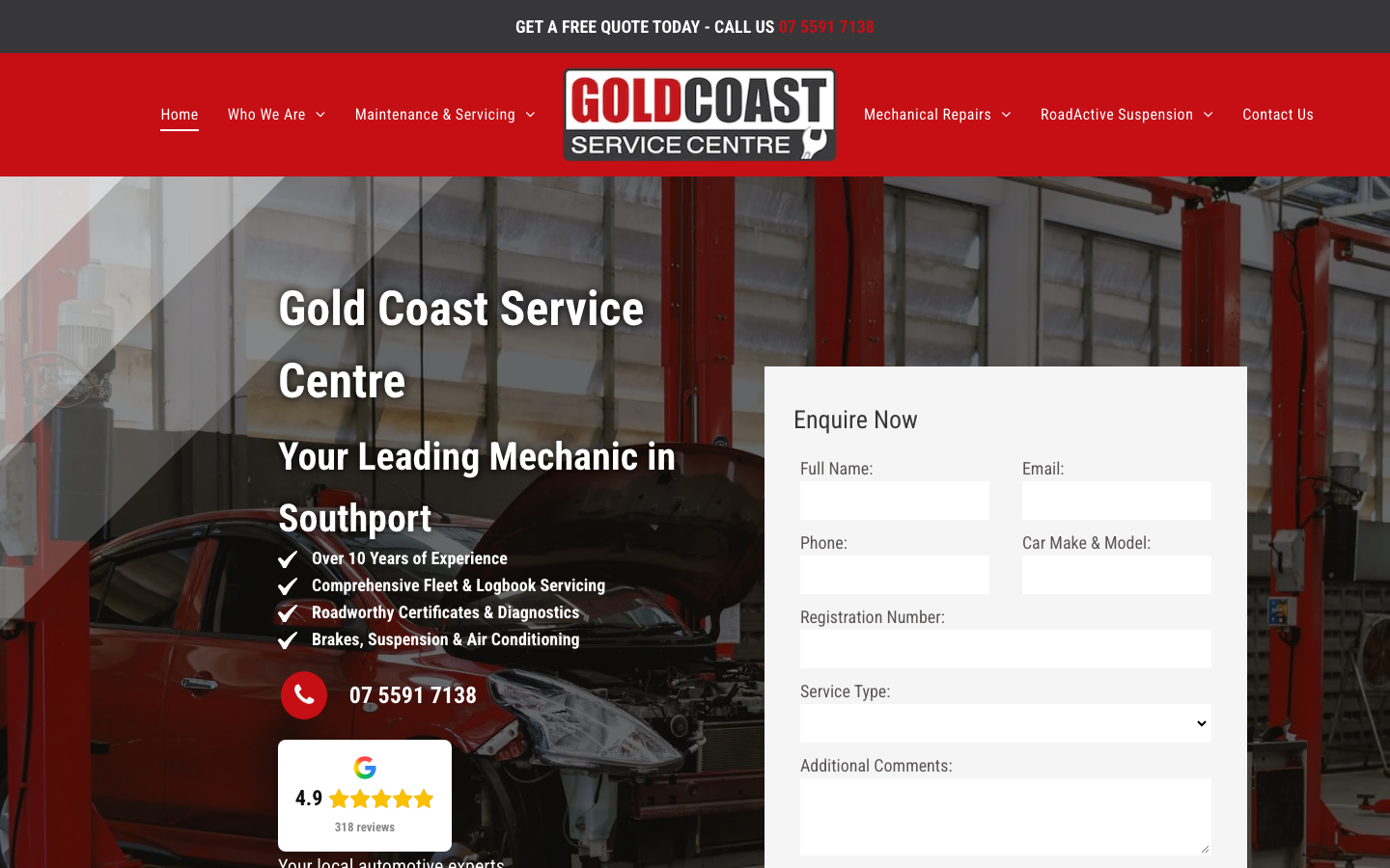 Gold Coast Service Centre website homepage