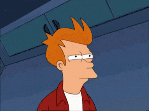 Fry from Futurama squinting suspiciously