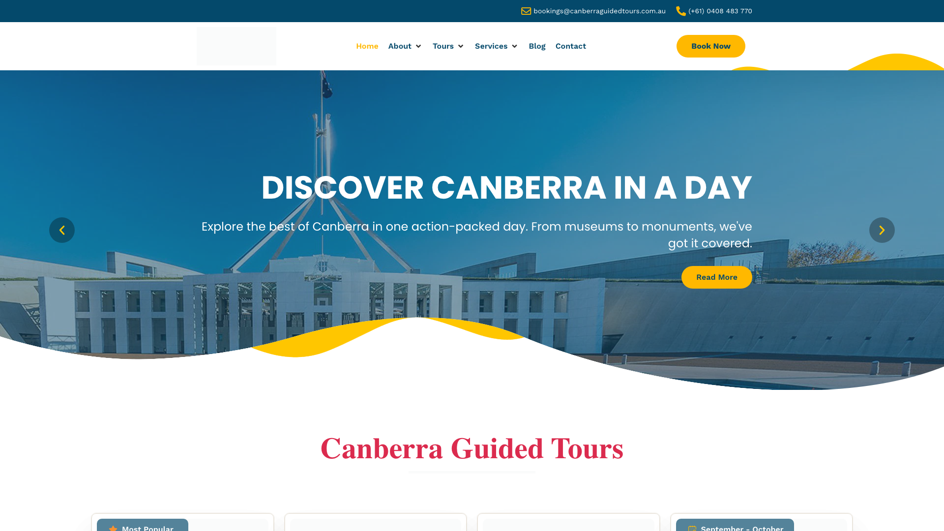 Canberra Guided Tours website homepage