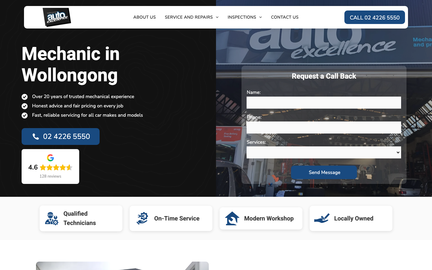Wollongong Auto Excellence website homepage