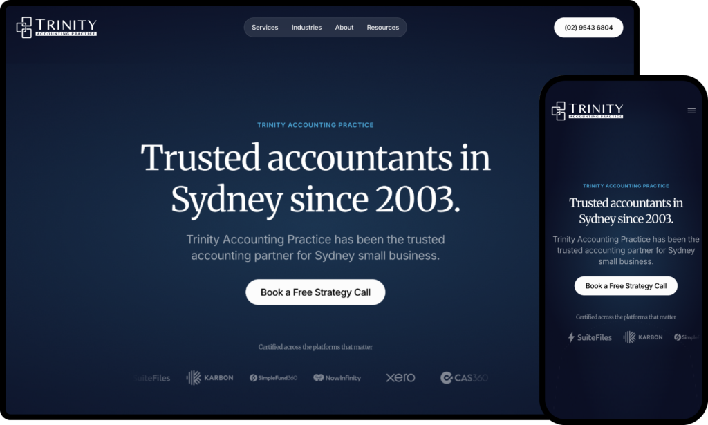 Trinity Accounting Practice logo on website homepage, showcasing trusted Sydney accountants since 2003 with a professional blue theme.