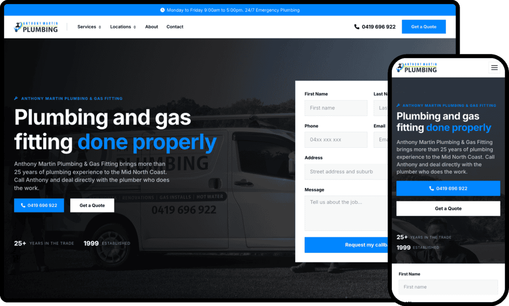 Responsive plumbing and gas fitting website homepage with contact form and mobile view, emphasizing professional service and proper installation.