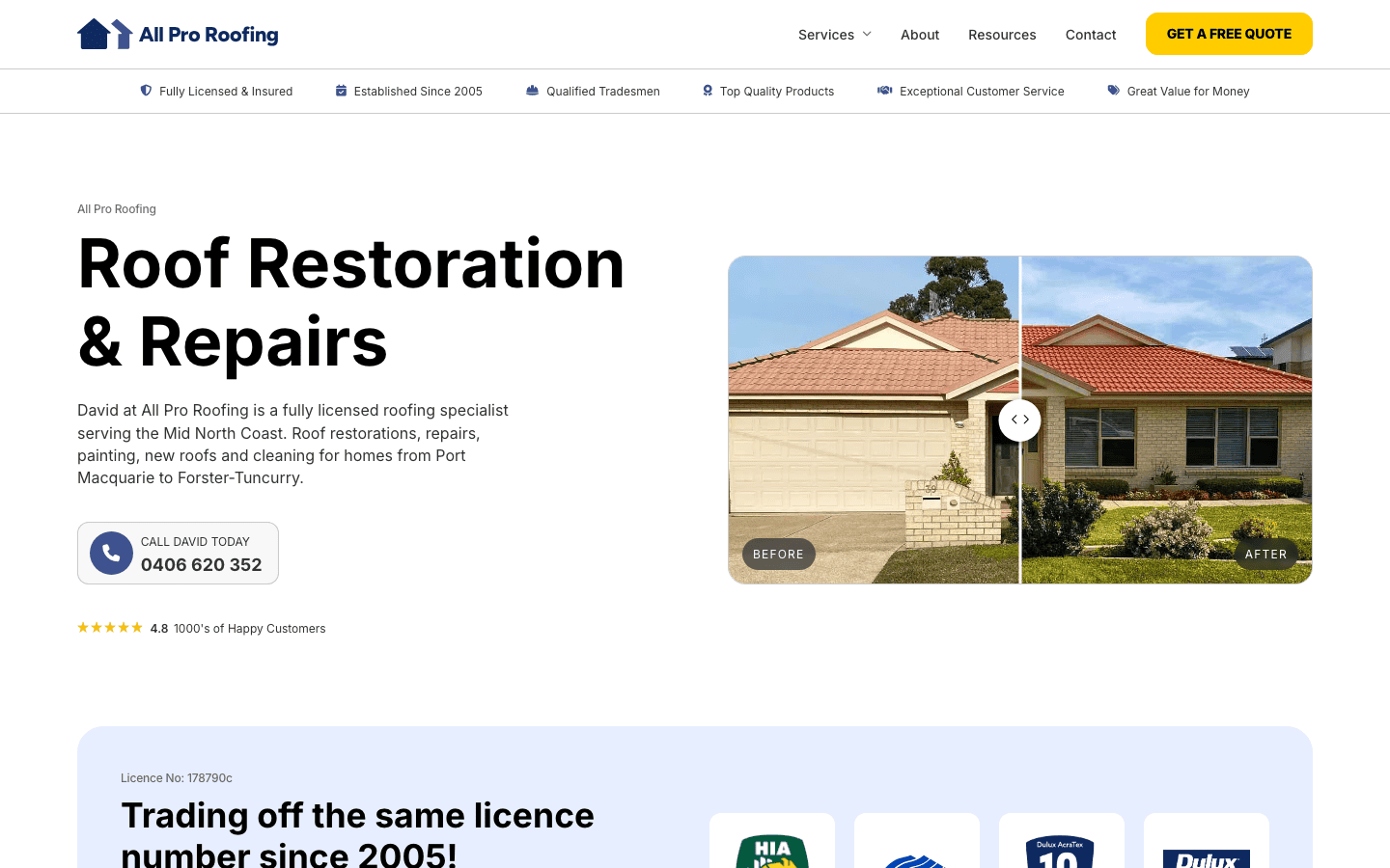 Before and after images showing roof restoration and repairs by All Pro Roofing, a licensed roofing specialist in Port Macquarie.