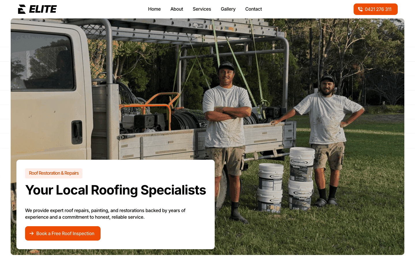 Two roofing professionals standing next to a work truck with roofing supplies, promoting local roofing services and repairs.
