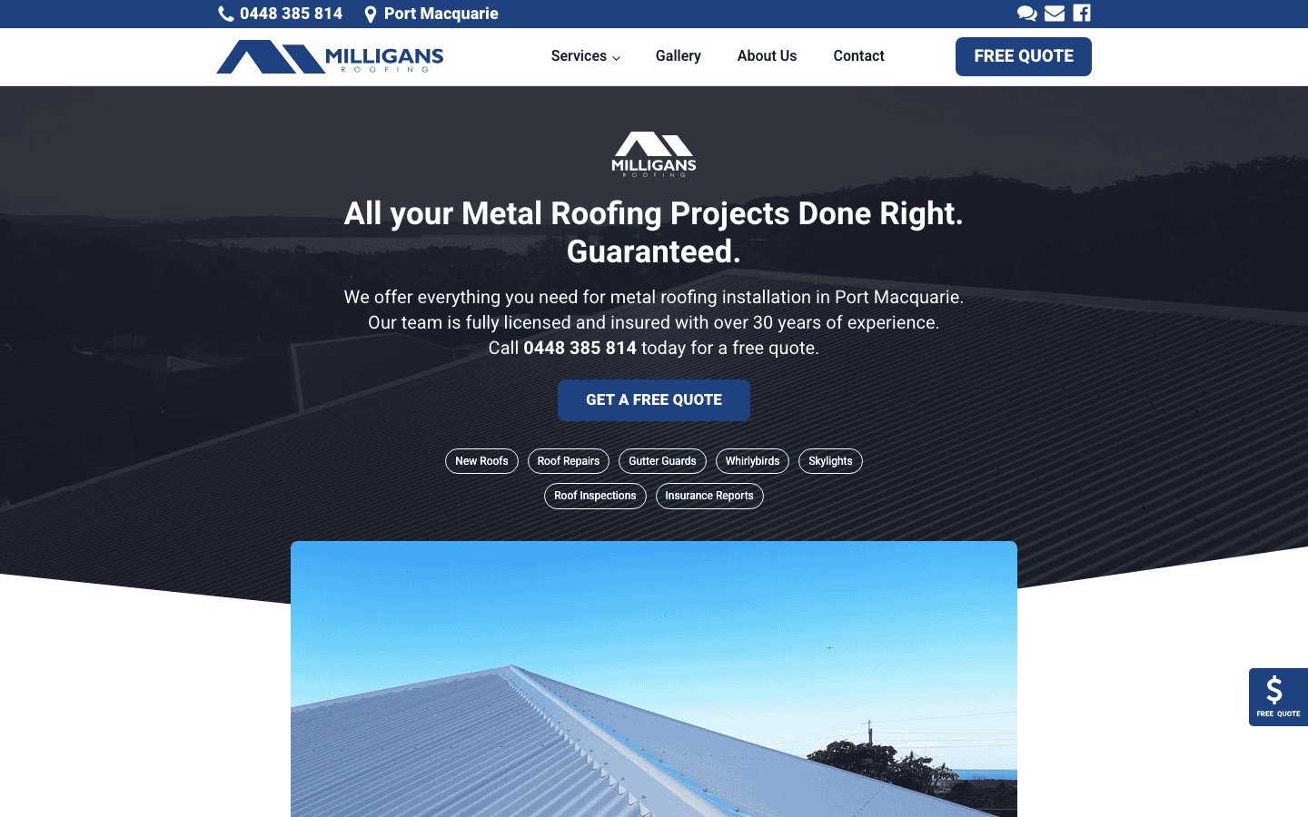 Milligans Roofing website homepage